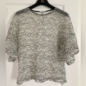 Zara Sheer Floral Lace Short-Sleeve Top - Black on White